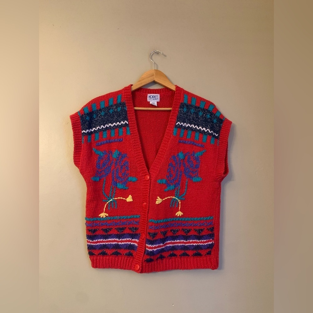 Vtg 90s Koret City Blues Women’s Sweater Vest XL Red Flowers Knitted Buttons